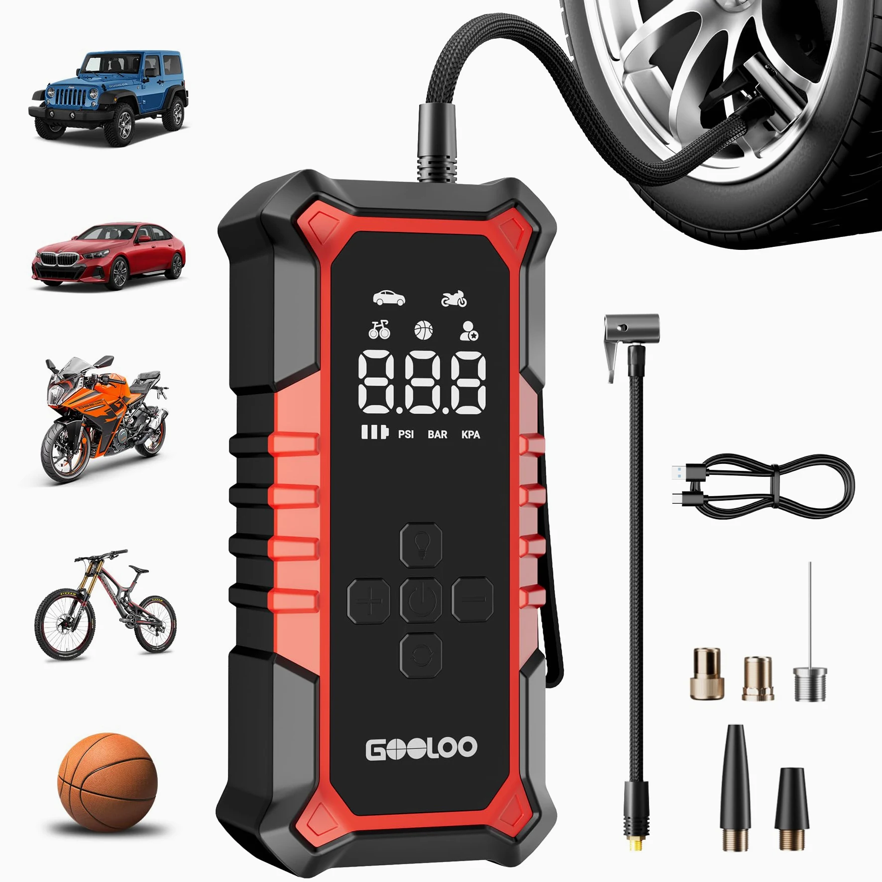 GOOLOO A6 Gear Compressore d'aria Portatile,160 PSI(11 Bar), con Manometro Digitale e Luce LED, Pompa Elettrica Intelligente per Pneumatici con Spegnimento Automatico per Pickup, Motore, Bici