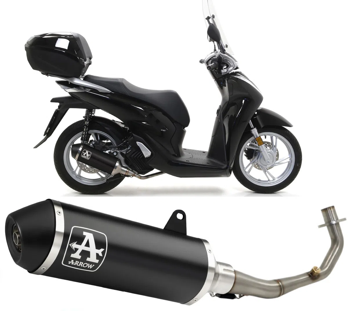 arrow 53534ann+53081mi, terminale e collettore, impianto completo omologato open urban alluminio nero nero, compatibile con moto honda sh 125 i 2020 2021 2022 2023 mototopgun