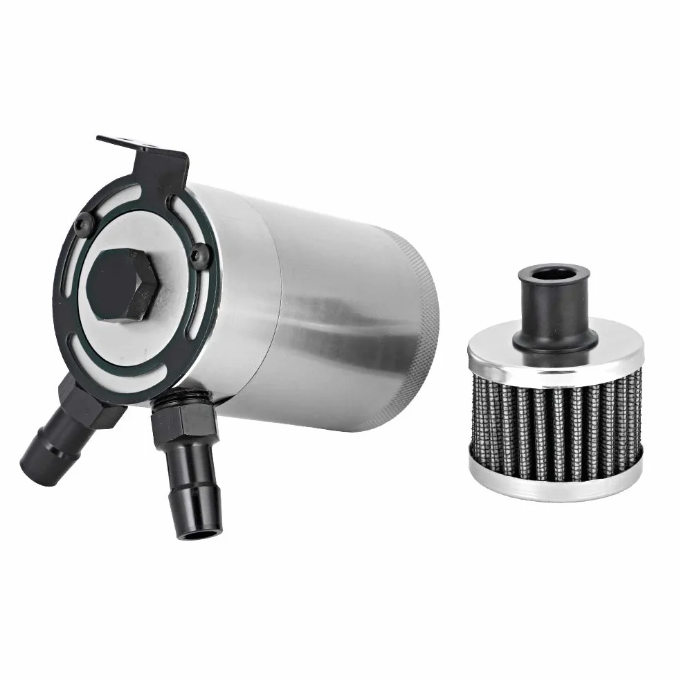VOBOR Serbatoio Olio, Vaschetta Olio Motore Serbatoio Benzina Moto, Universale in Lega di Alluminio Serbatoio di Cattura Con Kit di Accessori A 2 Porte(Argento)