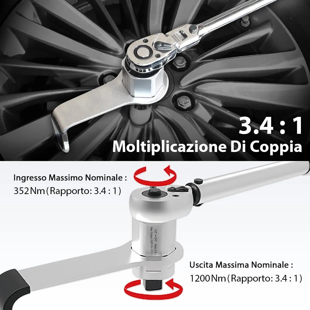 FIRSTINFO F3220DF2 | Moltiplicatore di Coppia Manuale 1200 Nm 3,4:1 | Chiave con Adattatore da 1/2" Femmina a 3/4" Maschio | Per Dadi Ruota e Manutenzione Auto