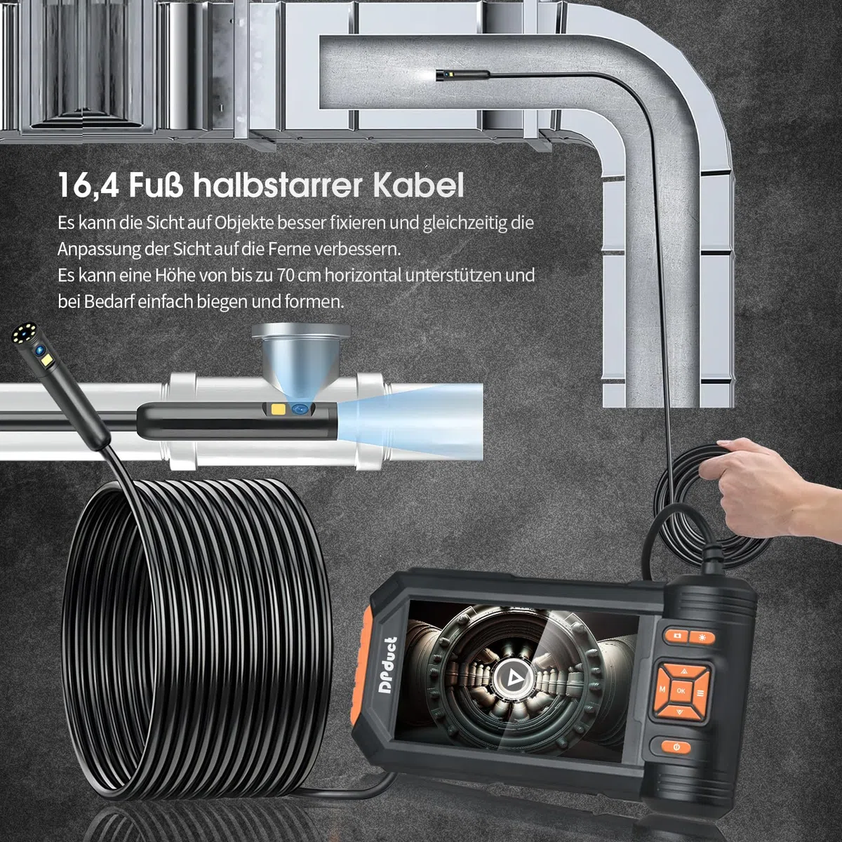 Telecamera per Ispezione,DPduct Endoscopio Industriale a Doppia Lente da 7,9 mm con 8+1 LED,IPS da 5,0",HD 1920p,Telecamera Impermeabile IP67,Cavo Semirigido Serpente da 10 m,Scheda da 32 GB,Arancione