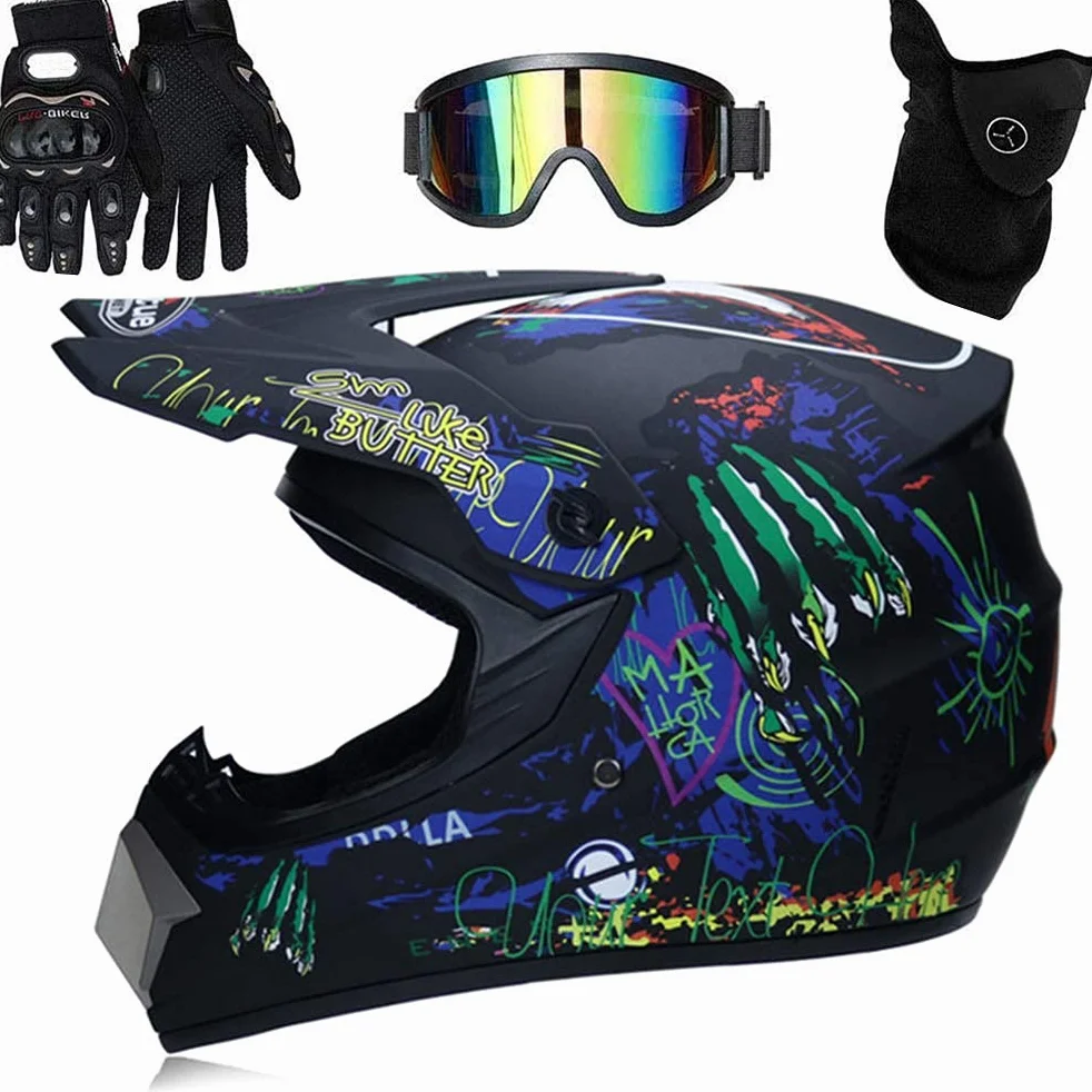 Casco professionale da motocross, per bambini, adulti, motocross, dirt, fuoristrada, casco da moto con occhiali protettivi, guanti copertura facciale