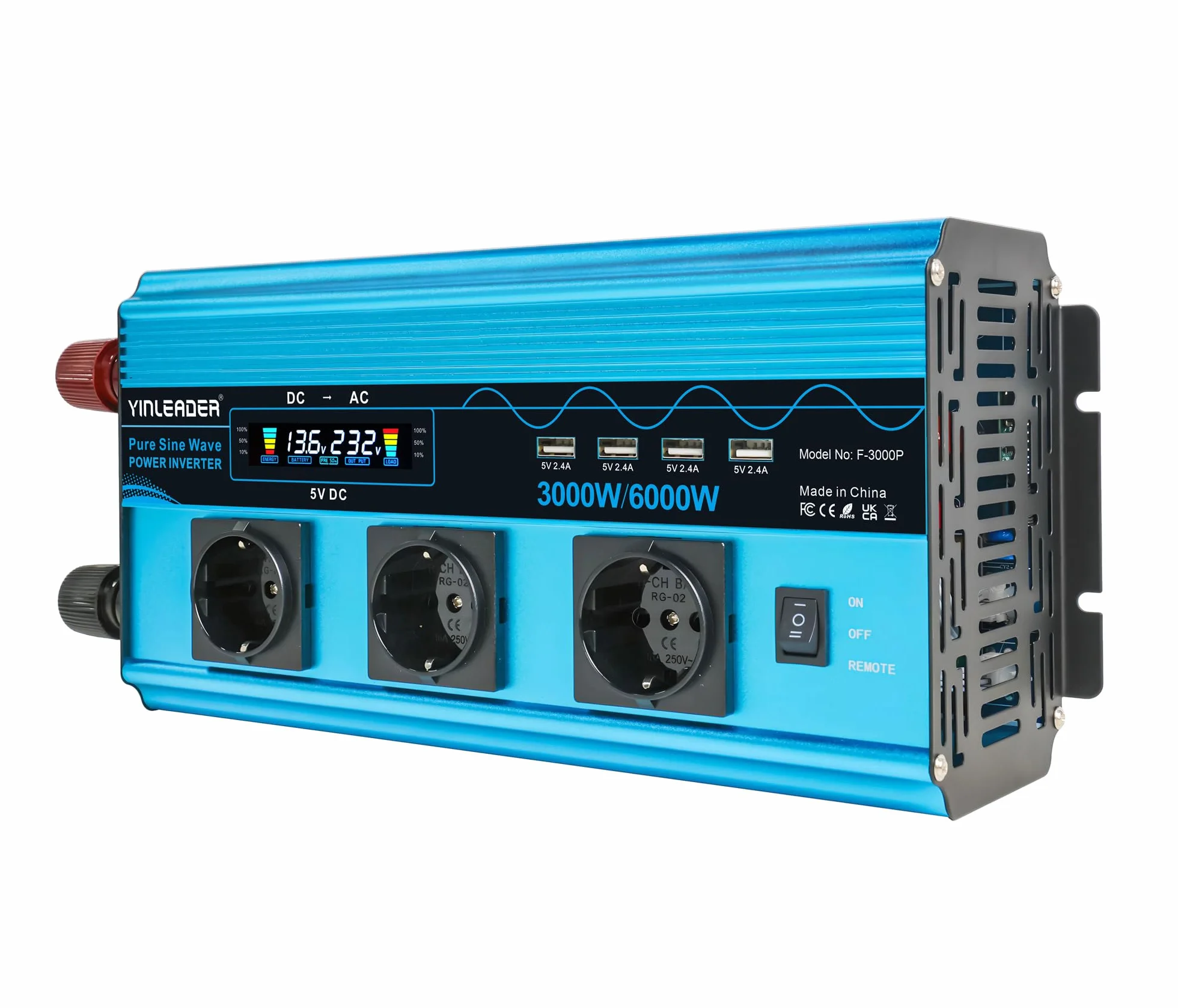 Yinleader Power Inverter 3000W Onda Sinusoidale Pura Convertitore DC 12V a AC 220V 230V LCD & 3 presa AC e 4 Porte USB per auto,camion camper