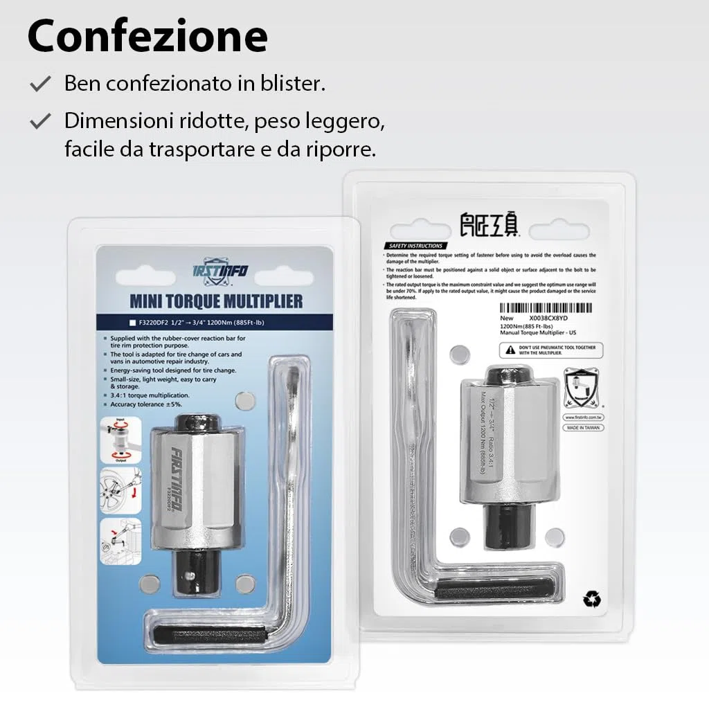 FIRSTINFO F3220DF2 | Moltiplicatore di Coppia Manuale 1200 Nm 3,4:1 | Chiave con Adattatore da 1/2" Femmina a 3/4" Maschio | Per Dadi Ruota e Manutenzione Auto