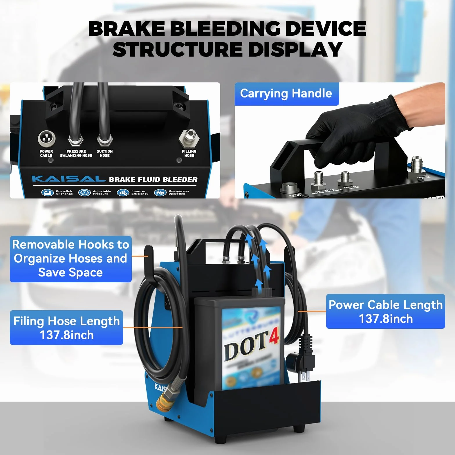 KAISAL Dispositivo di Spurgo Freni per Auto, Set di Spurgo Freni Automatico a Impulsi, Cambia Liquido Freni Elettrico, Pressione Regolabile da 0.5 a 2.5 Bar, Protezione da Basso Livello dell'olio