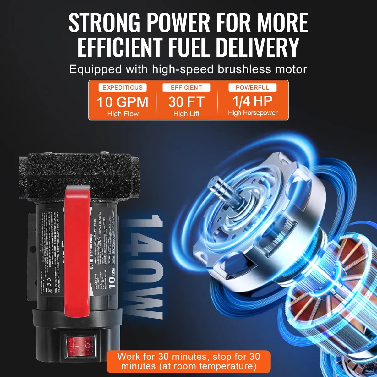 VEVOR Pompa di Trasferimento Carburante 12V 10 GPM 1/4 HP, Pompa di Trasferimento Diesel Elettrica Portatile con Ugello Carburante Flusso Elevato, Tubo Flessibile di Ingresso e Uscita
