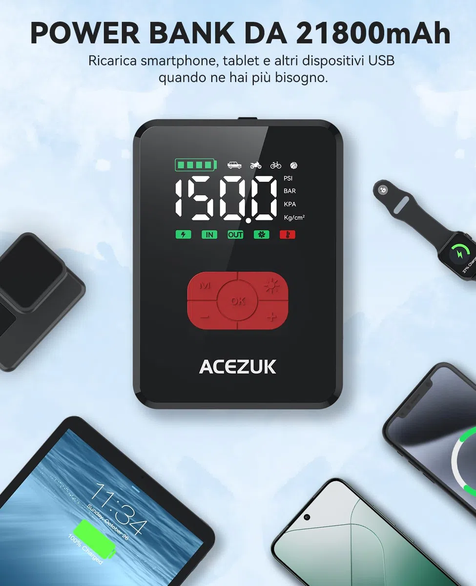 ACEZUK Avviatore Batteria Auto 8000A &150PSI, Avviatore Emergenza per Auto/Moto con Compressore 12V（Tutti Gas o 12L Diesel）600LUMEN LED/3.4"LCD