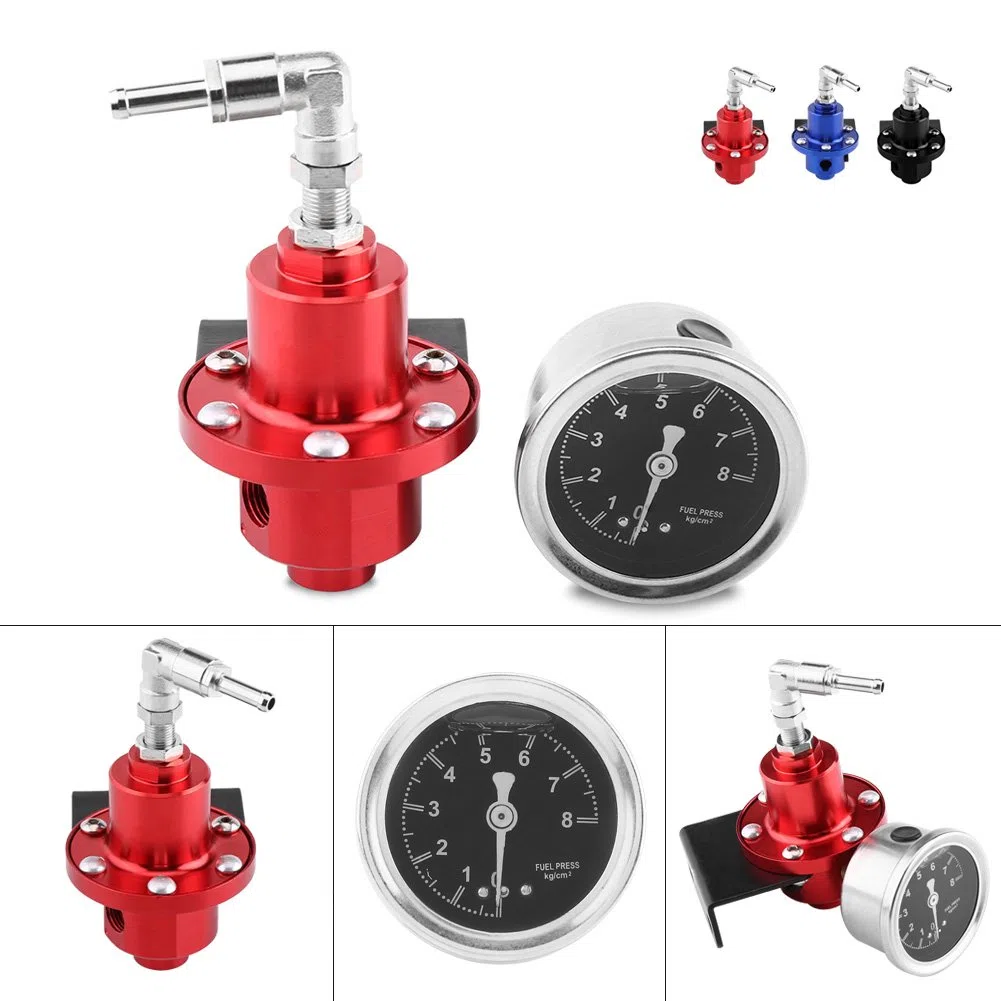 Akozon Regolatore Pressione Benzina | Regolatore di Pressione del Carburante FPR Regolabile in Alluminio con Manometro per Auto (Rosso)