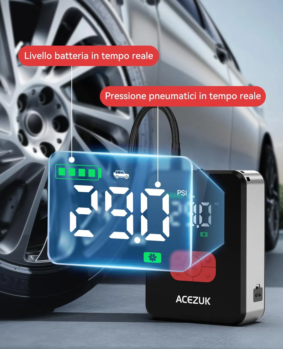 ACEZUK Avviatore Batteria Auto 8000A &150PSI, Avviatore Emergenza per Auto/Moto con Compressore 12V（Tutti Gas o 12L Diesel）600LUMEN LED/3.4"LCD