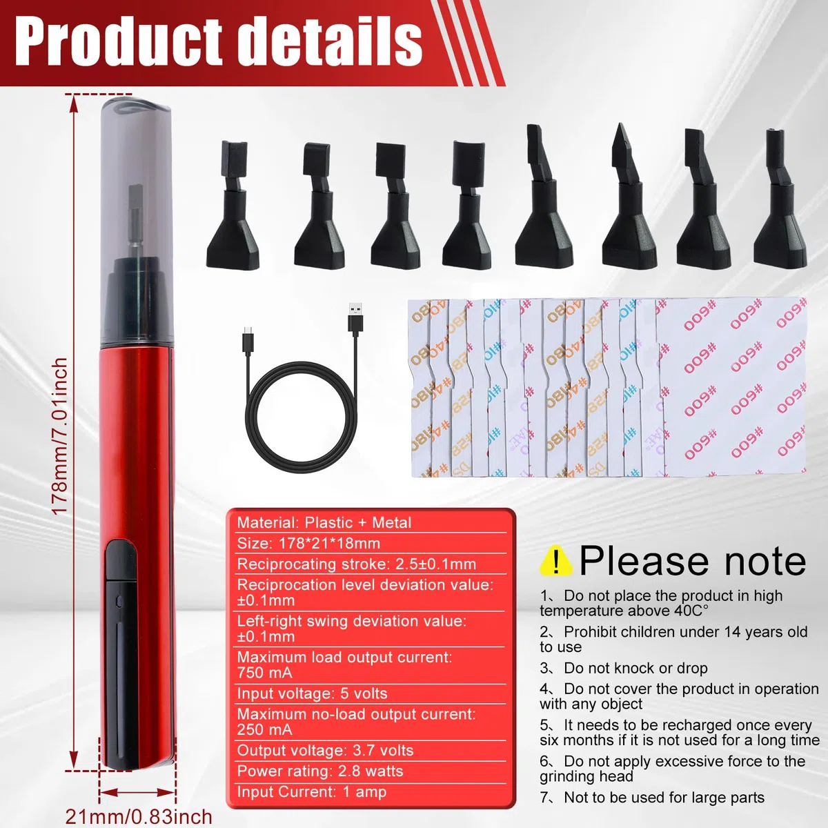 Levigatrice a sciabola con 8 testine abrasive, 12 tipi di carta vetrata, mini penna abrasiva elettrica, protezione sovraccarico, 3 marce, ricarica USB rapida