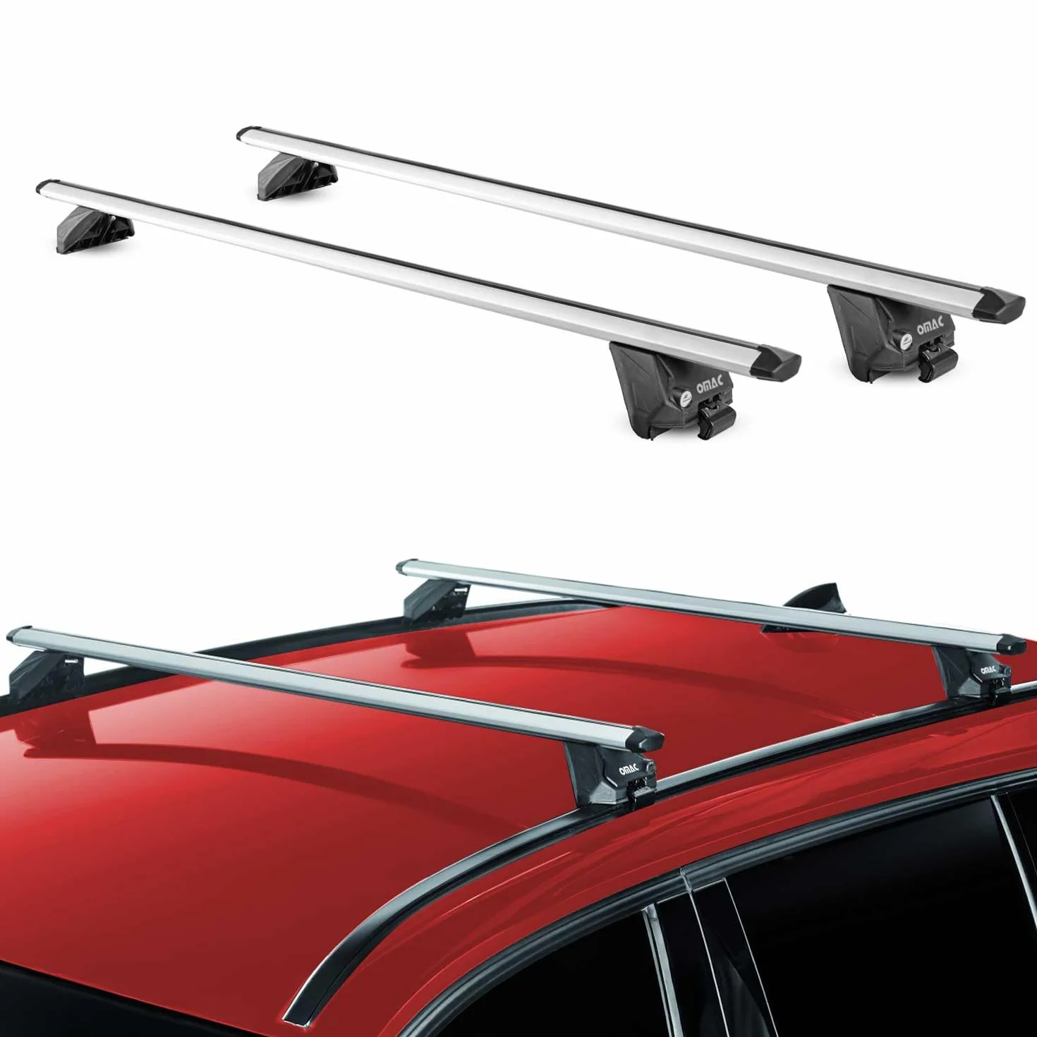 OMAC Barre Portatutto Alluminio TÜV geprüft per Mercedes GLA X156 H247 2014-2026 – per Rail Tetto Integrati – T Nut – Max 100 kg – 2 Schlösser Argento