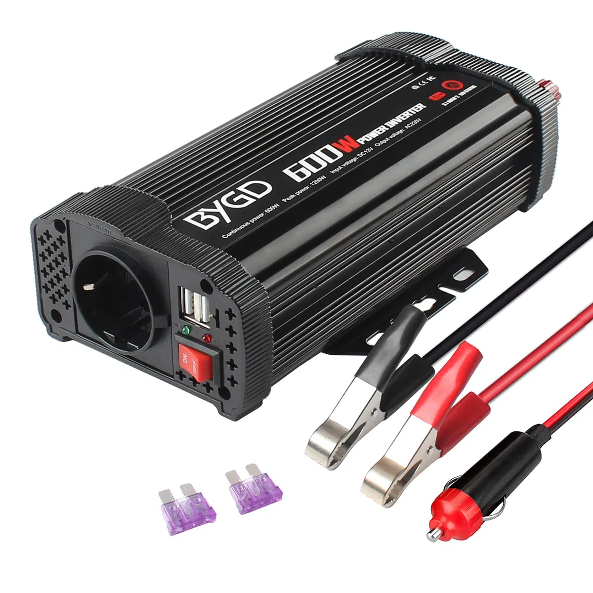 BYGD 600W Inverter Potenza, Invertitore Potenza Auto 12V a 230V USB 1 Prese AC, Convertitore Potenza per Auto/Camper/Barca a Onda Sinusoidale Invertitore di Tensione Modificata