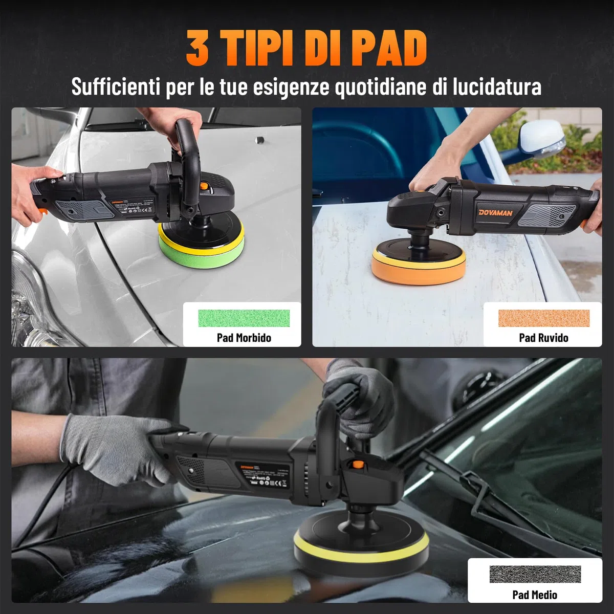 PLS03A Lucidatrice per Auto 1500W, Lucidatrice Rotativa 180 mm/150 mm, 6 Velocità Variabili (600–3000 giri/min), Manico Rimovibile, Kit Lucidatrice per Auto per Car Detailing, Lucidatura e Ceratura