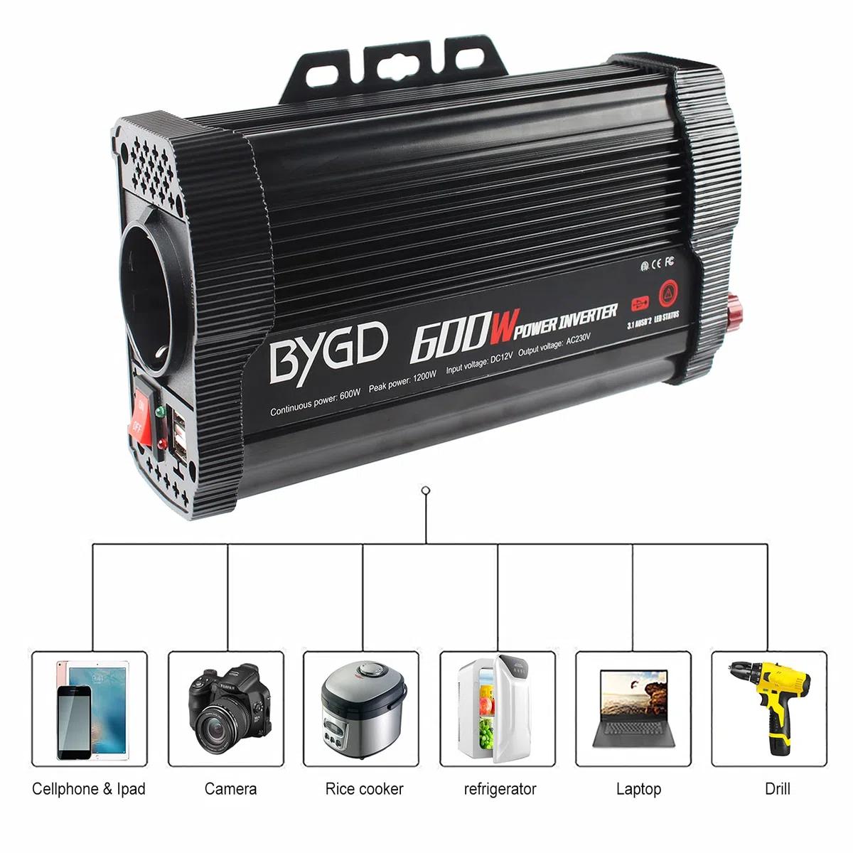 BYGD 600W Inverter Potenza, Invertitore Potenza Auto 12V a 230V USB 1 Prese AC, Convertitore Potenza per Auto/Camper/Barca a Onda Sinusoidale Invertitore di Tensione Modificata