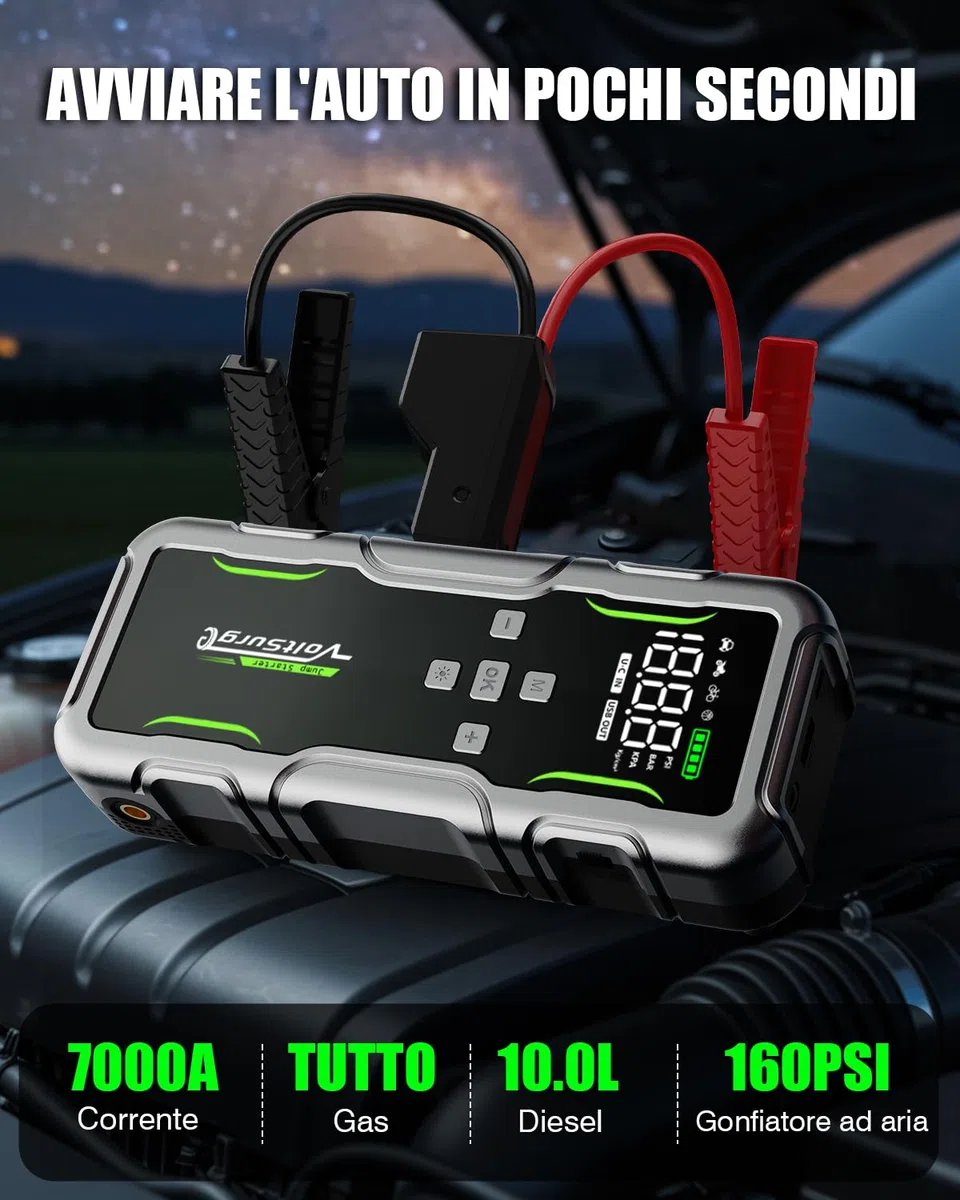 Avviatore Emergenza per Auto con Compressore 160PSI, 7000A Booster Avviamento Auto/Moto (Fino a Tutti i Benzina e 10L Diesel), 12V Starter Batteria con Torcia