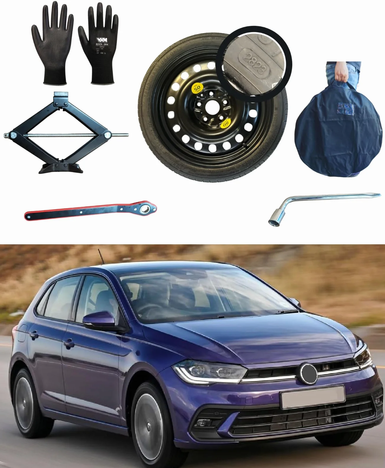 Kit Ruotino di Scorta 15" compatibile con Volkswagen Polo V/VI con Cric, Chiave, Guanti e Sacca