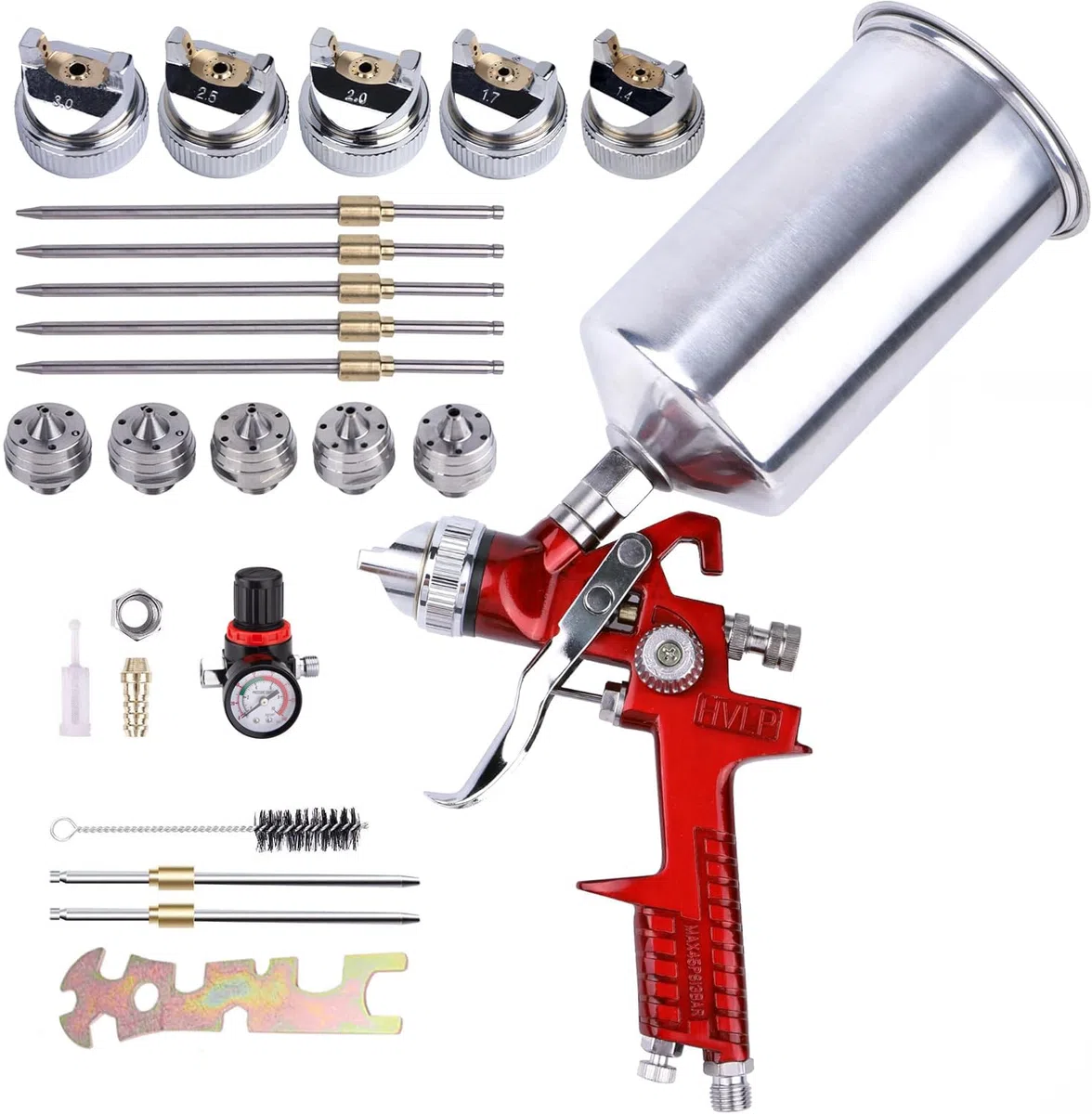 HVLP Pistola per verniciatura a spruzzo con 5 ugelli, 1,4 mm 1,7 mm 2,0 mm 2,5 mm e 3,0 mm, Tazza in Alluminio da 1000cc, per verniciatura Auto