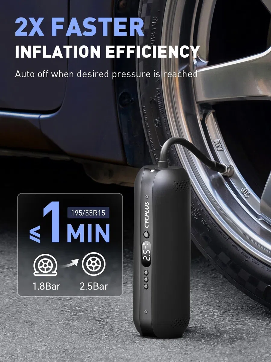 CYCPLUS 2600mAh*3 Compressore d'Aria per Pneumatici, 150 PSI Pompa d'Aria Portatile per Pneumatici, Manometro Digitale per Pneumatici Ricarica DC/AC Compressore d'Aria 12V, Nero