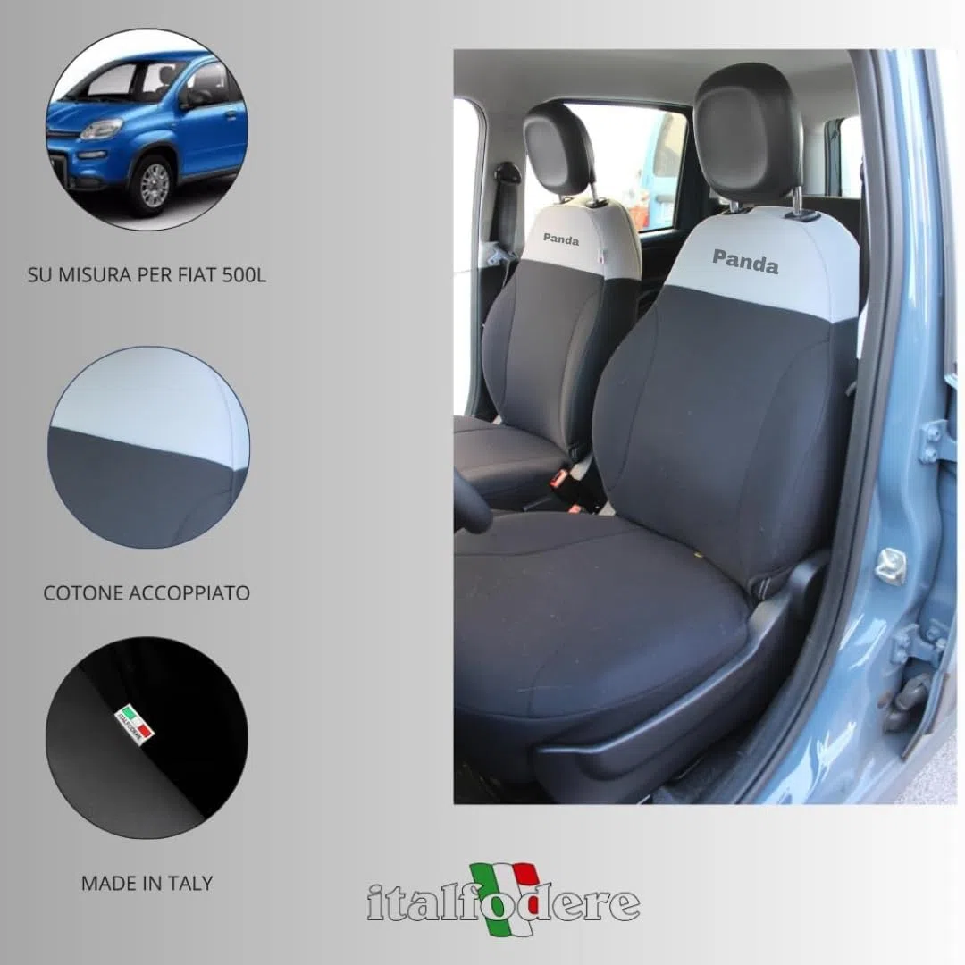 Italfodere - Accessori Auto - Coprisedili Auto Su Misura per Fiat Panda 3ª Serie 2012 in poi - Anteriori - In Cotone - Facile da Installare - Fatti a Mano - Made in Italy - Grigio e Nero