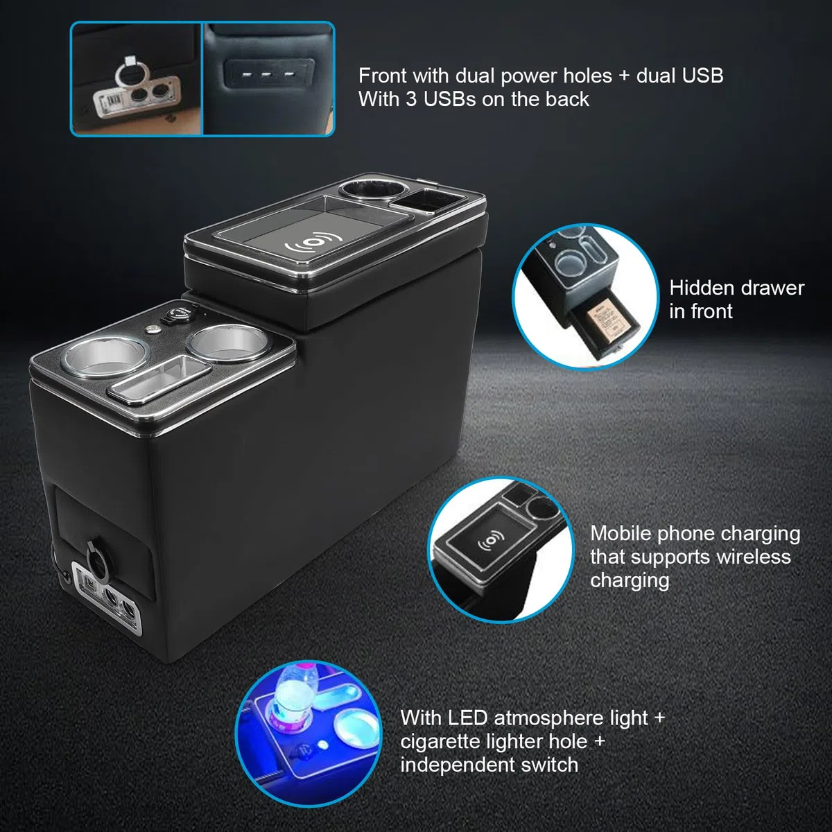 Upgrade Console Centrale Con Vano Portaoggetti Compatibile Con T5 T6 T6.1 2013-2019, Consolle Centrale Dell'auto Con USB e Accendisigari, Ricarica Senza Fili, Luce Ambientale a LED