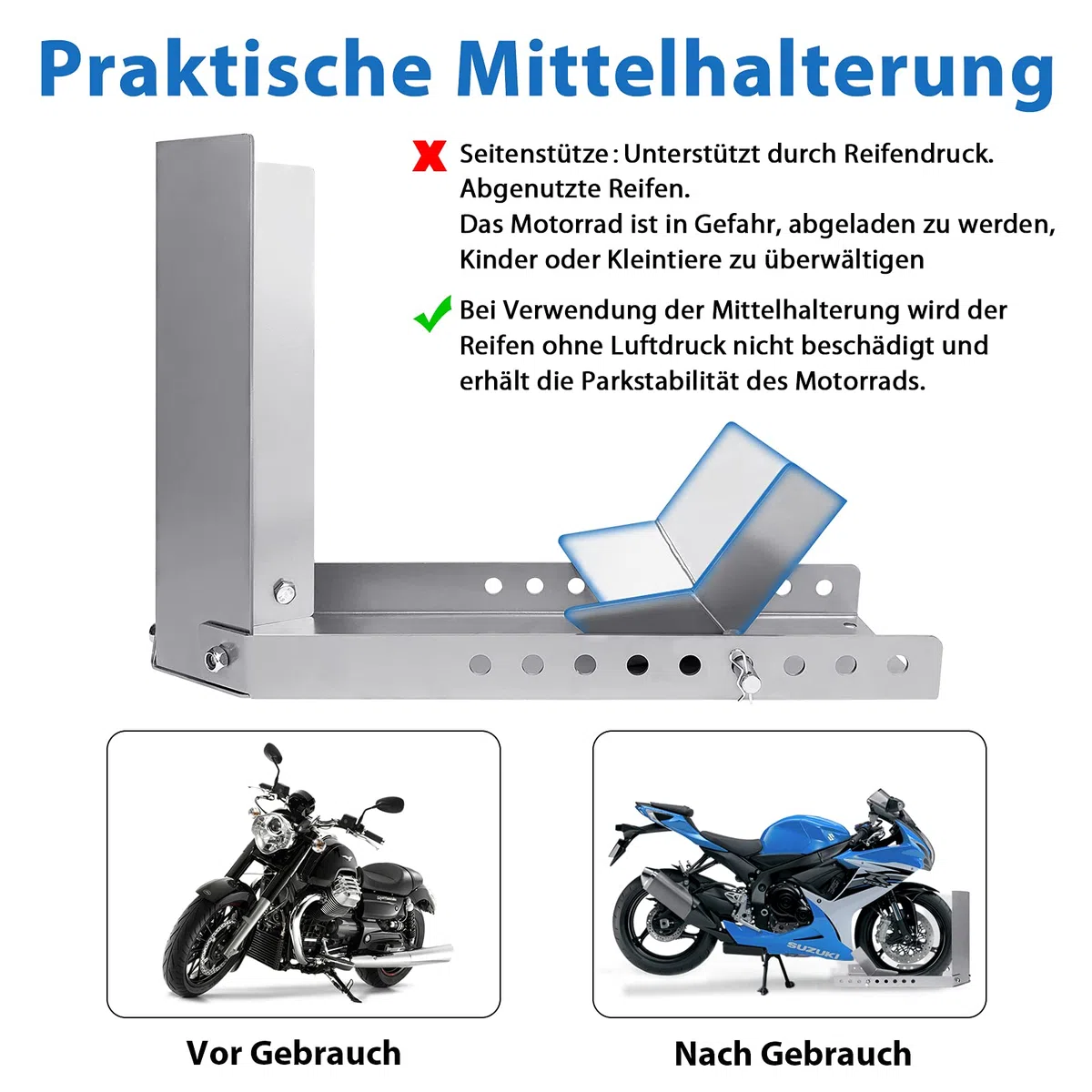HENGMEI Supporto di carico per ruota anteriore per moto, per ruota da 60 a 145 cm di larghezza (2 pezzi)