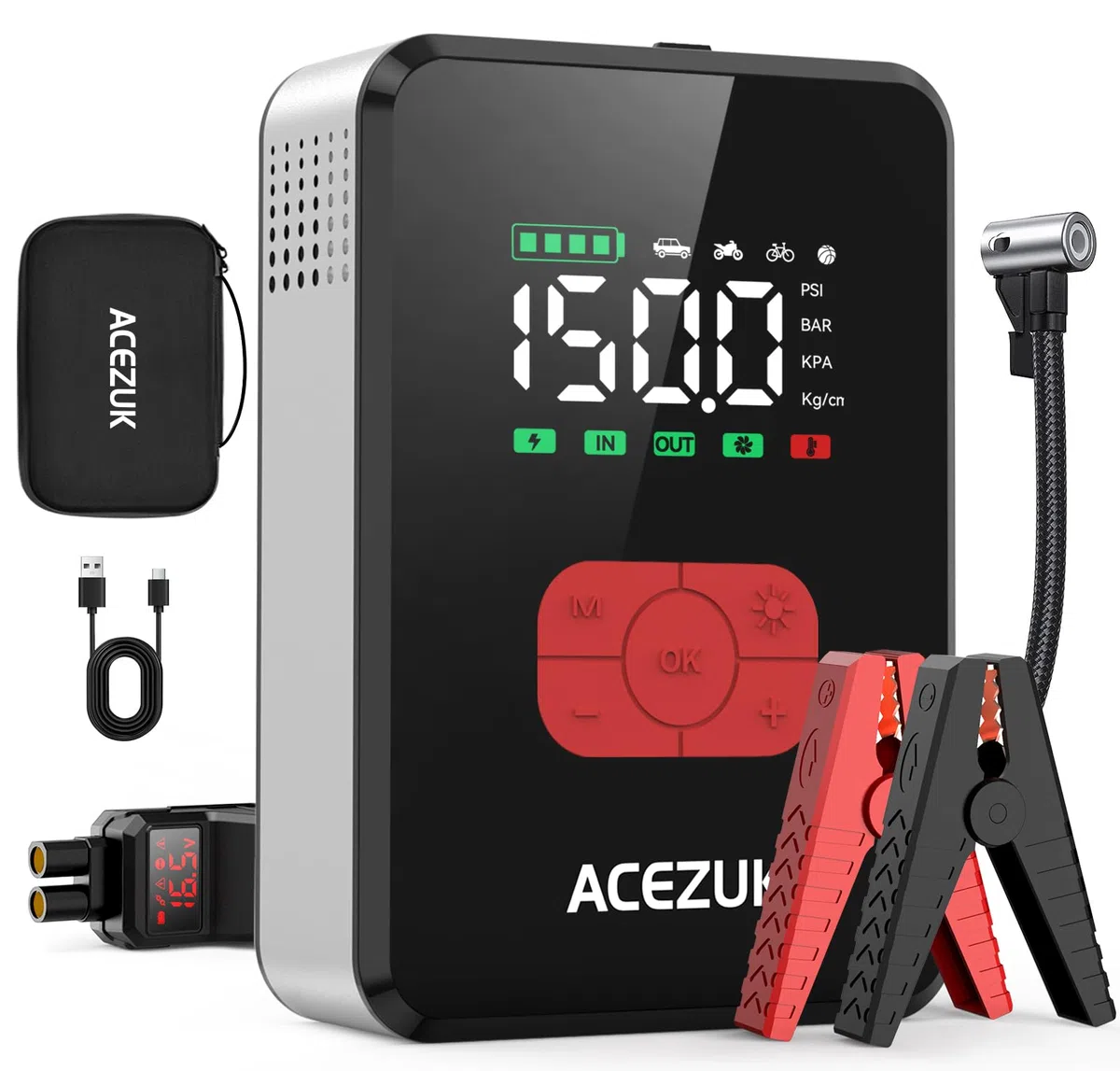 ACEZUK Avviatore Batteria Auto 8000A &150PSI, Avviatore Emergenza per Auto/Moto con Compressore 12V（Tutti Gas o 12L Diesel）600LUMEN LED/3.4"LCD