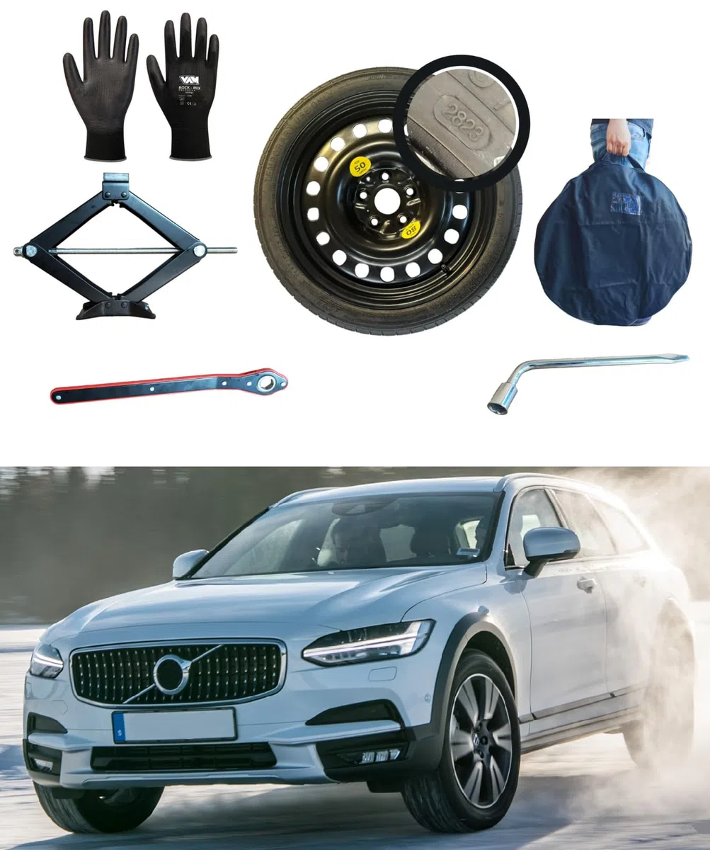 Kit Ruotino di Scorta 18" compatibile con Volvo V90/V90 Cross Country con Cric, Chiave, Guanti e Sacca 125/80R18