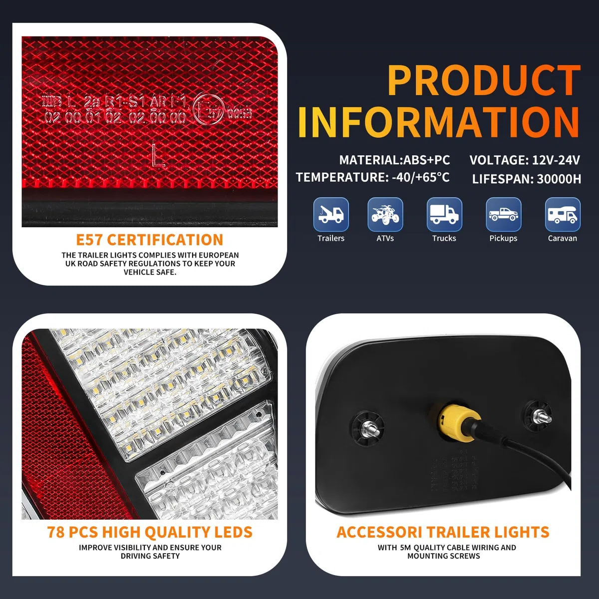 Fanali Posteriori Rimorchio, Illuminazione Fanale Posteriore a LED con Set di Cavi 2x6 Pin 5m, Luce per Rimorchio a 7 Funzioni per Roulotte/RV/Camion/Rimorchio