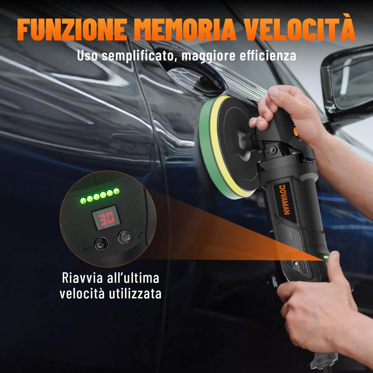 PLS03A Lucidatrice per Auto 1500W, Lucidatrice Rotativa 180 mm/150 mm, 6 Velocità Variabili (600–3000 giri/min), Manico Rimovibile, Kit Lucidatrice per Auto per Car Detailing, Lucidatura e Ceratura