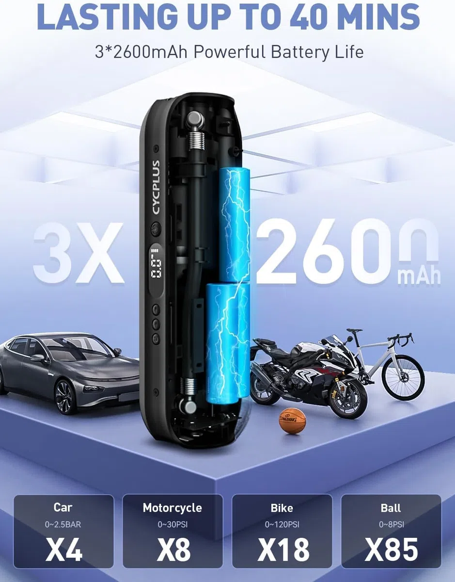 CYCPLUS 2600mAh*3 Compressore d'Aria per Pneumatici, 150 PSI Pompa d'Aria Portatile per Pneumatici, Manometro Digitale per Pneumatici Ricarica DC/AC Compressore d'Aria 12V, Nero