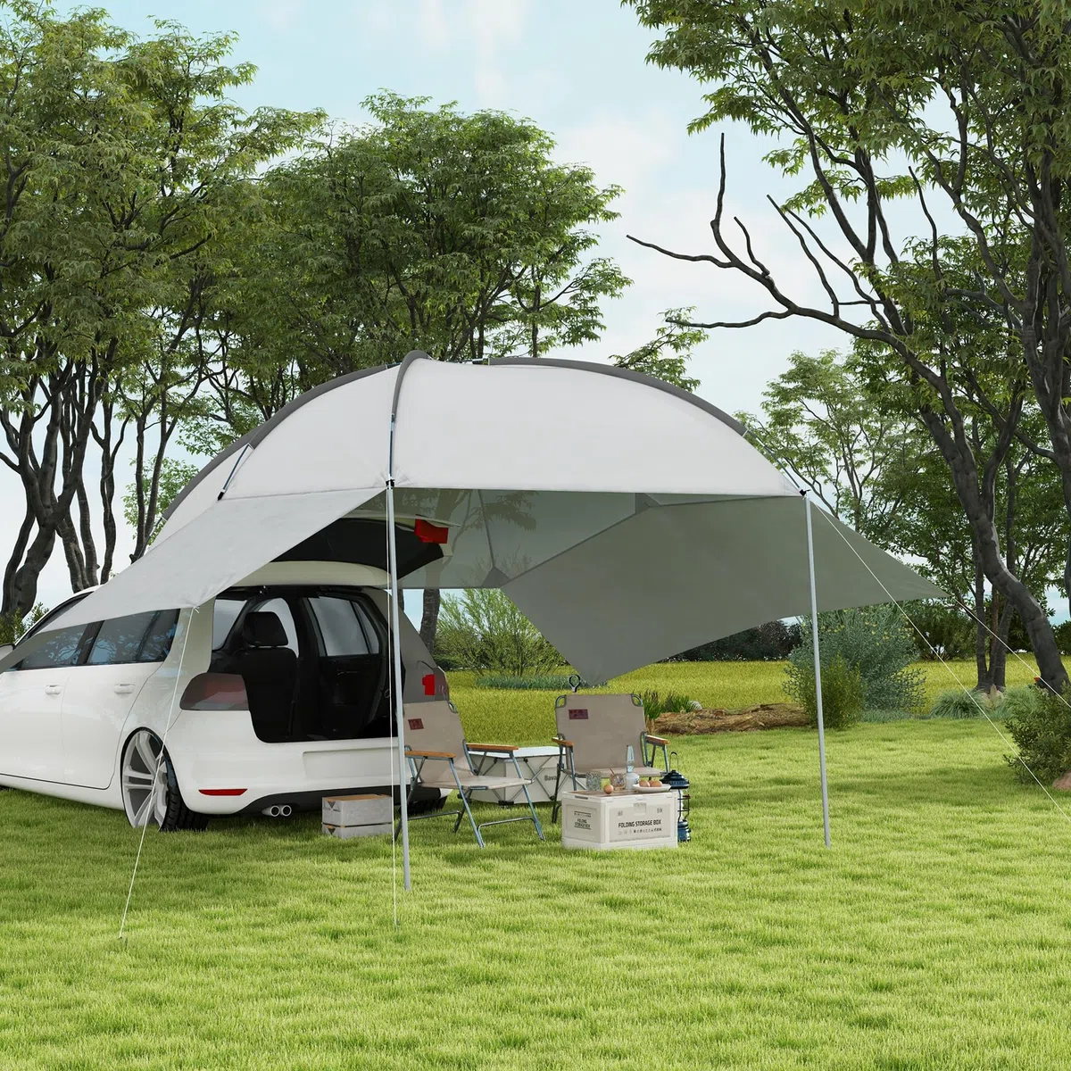 Outsunny Tendalina ad Arco Portatile con Pareti Laterali e Paletti Regolabili, Tenda per Auto in Poliestere, Acciaio e Fibra di Vetro, 300x262x230-260 cm, Grigio Chiaro