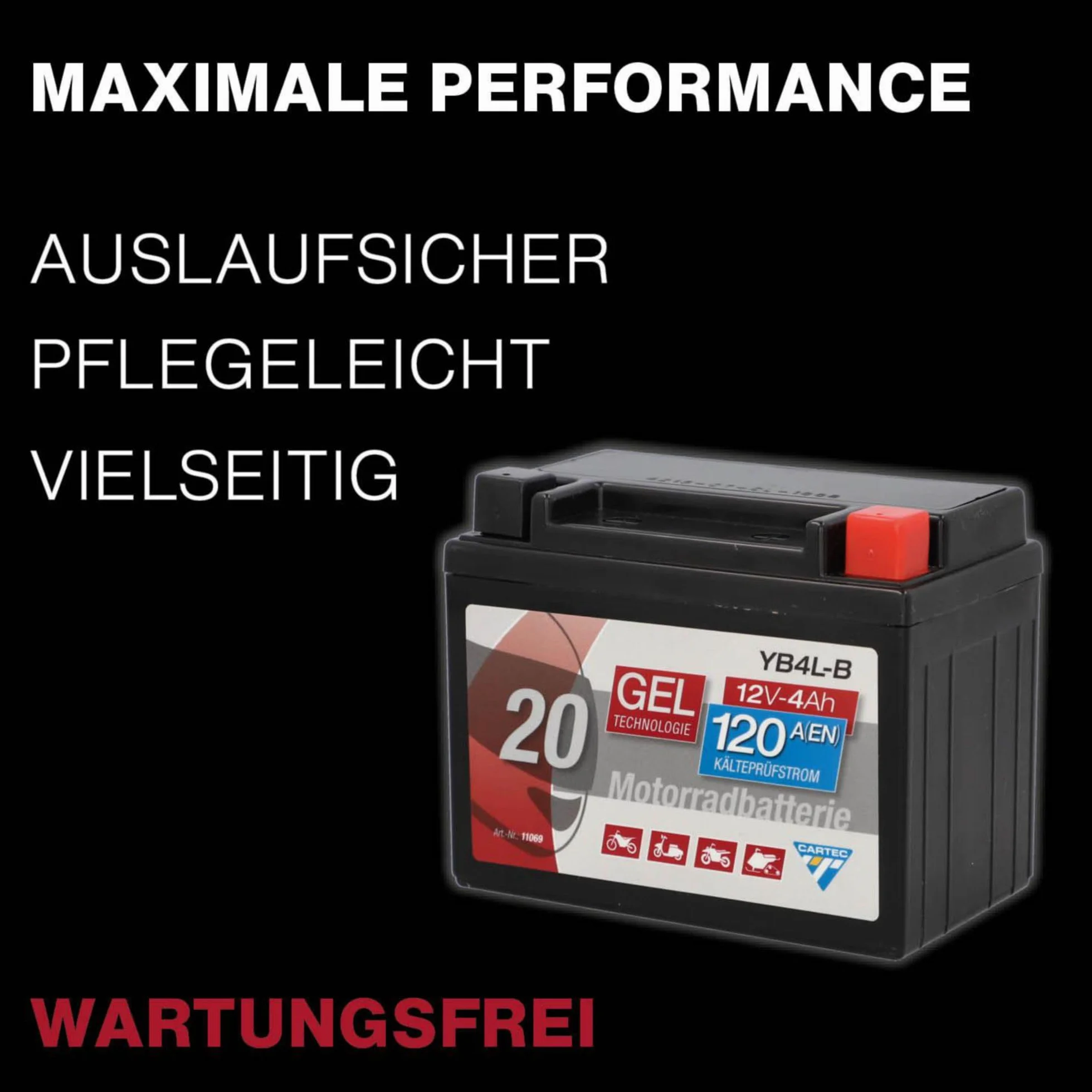 CARTEC Batteria per moto YB4L-B, 4Ah 56A, tecnologia gel Batteria di avviamento per moto, qualità di primo equipaggiamento, resistente ai cicli, immagazzinabile, senza manutenzione