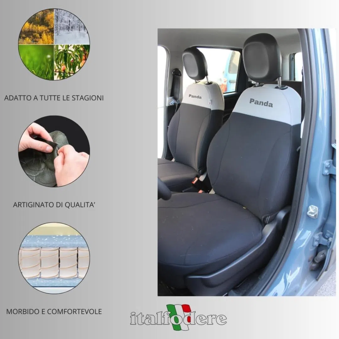 Italfodere - Accessori Auto - Coprisedili Auto Su Misura per Fiat Panda 3ª Serie 2012 in poi - Anteriori - In Cotone - Facile da Installare - Fatti a Mano - Made in Italy - Grigio e Nero