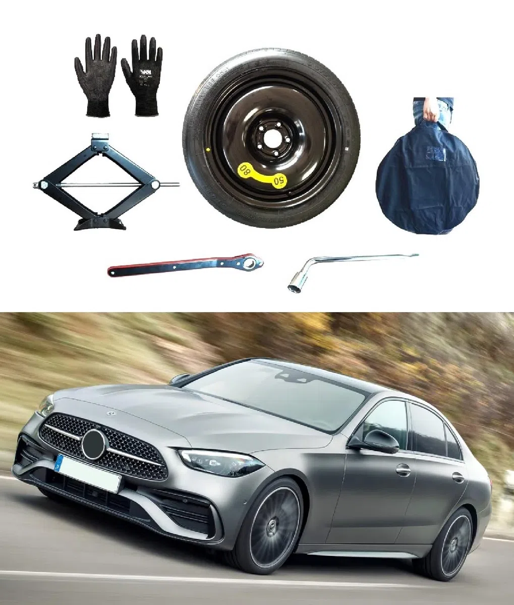 Kit Ruotino di Scorta 19" compatibile con Mercedes Classe C con Cric, Chiave, Guanti e Sacca