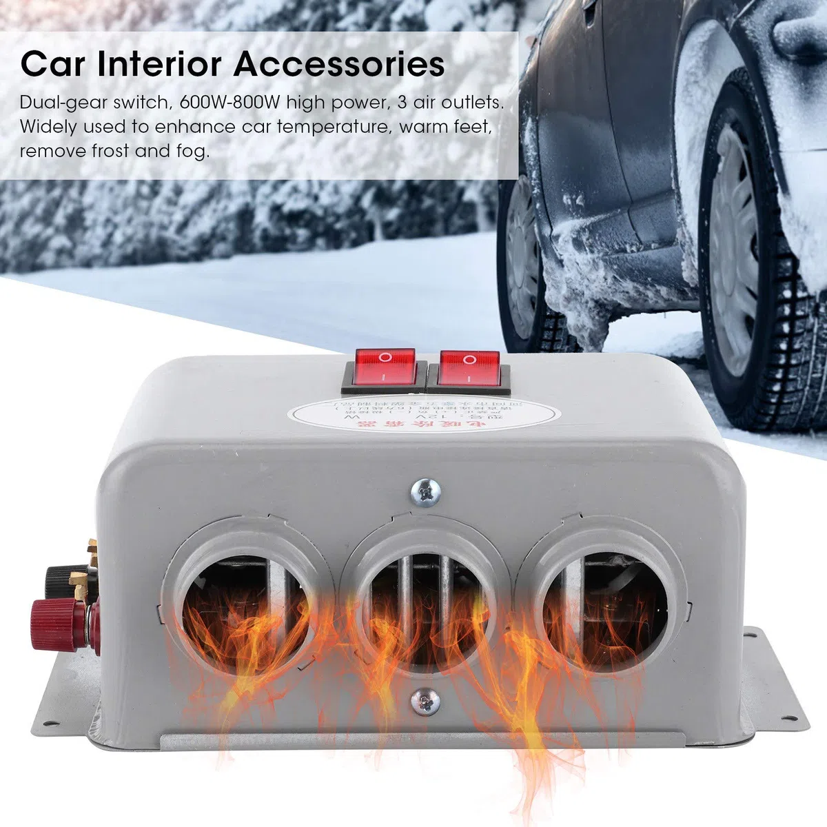 Riscaldatore per auto 12V Riscaldatore per auto 3 fori 600W-800W Riscaldatore per riscaldamento rapido invernale Riscaldatore per parabrezza Sbrinatore da viaggio all'aperto