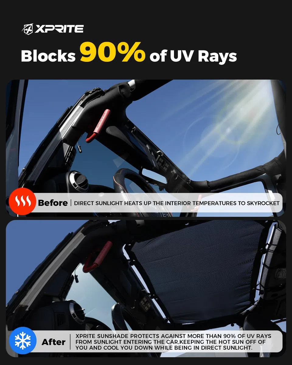 Xprite Sunshade Compatible with Jeep Wrangler JK JKU (2007-2018) – Front & Rear Mesh Top, Blocks UV, Wind, Noise – Bikini Cover for Sport, Sahara, Rubicon – Perfect Jeep Gift for Off-Road Adventures