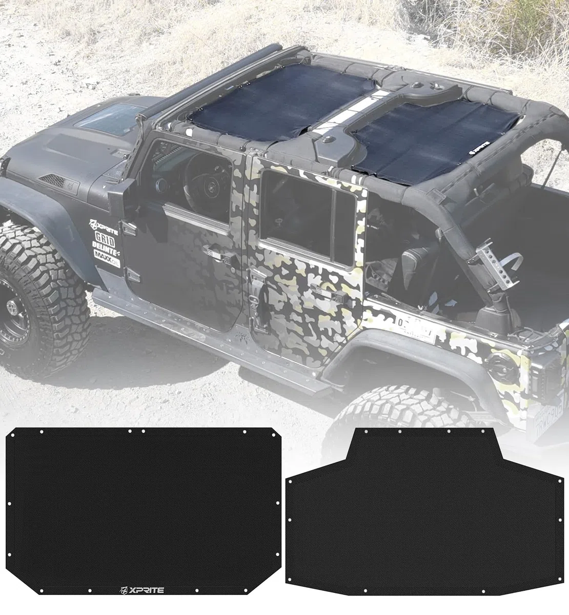 Xprite Sunshade Compatible with Jeep Wrangler JK JKU (2007-2018) – Front & Rear Mesh Top, Blocks UV, Wind, Noise – Bikini Cover for Sport, Sahara, Rubicon – Perfect Jeep Gift for Off-Road Adventures