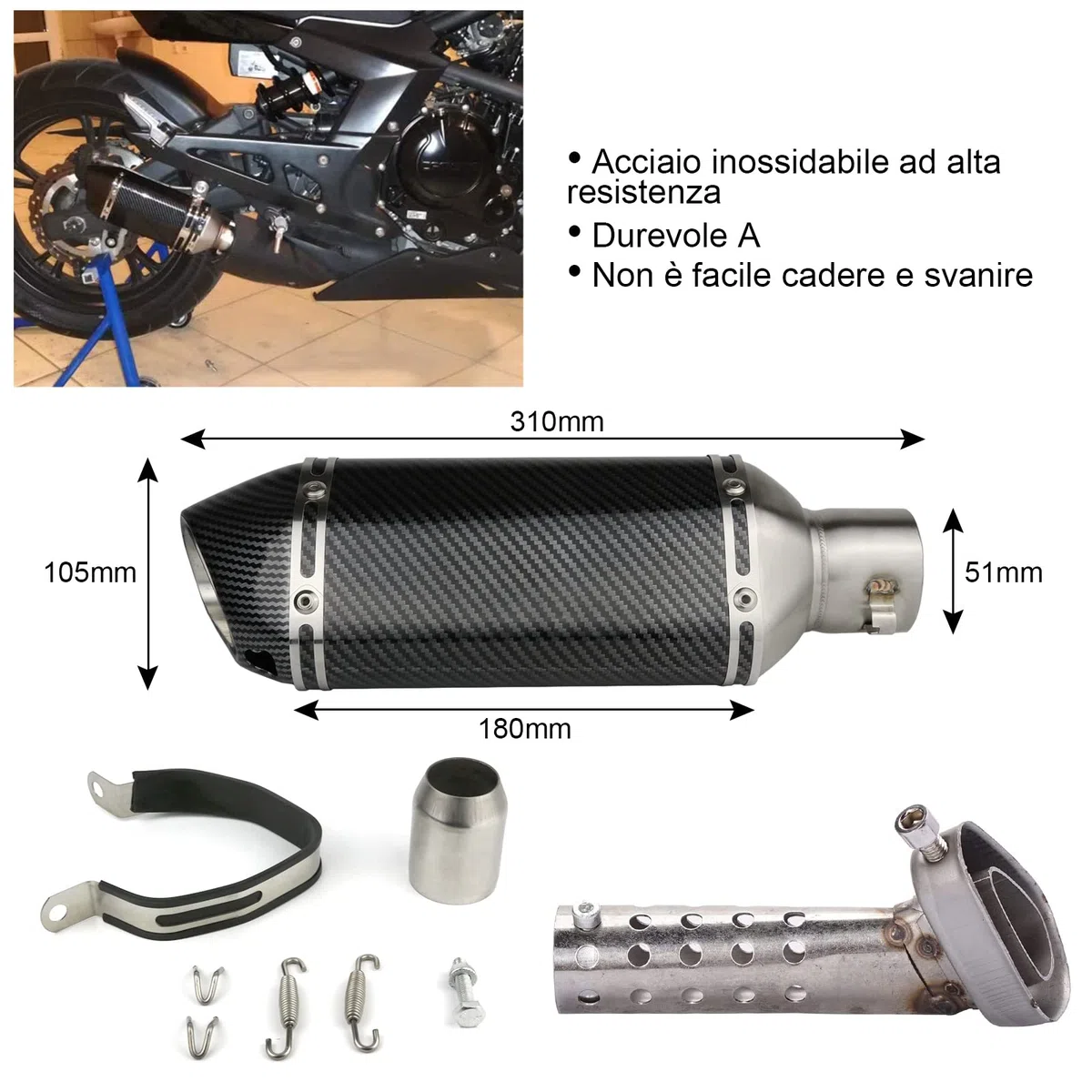 Silenziatore di Scarico 38-51mm Universale,Tubo di Scarico per Moto con Interfaccia 38-51MM e Silenziatore Rimovibile,per da Cross, da Strada, Scooter, Quad