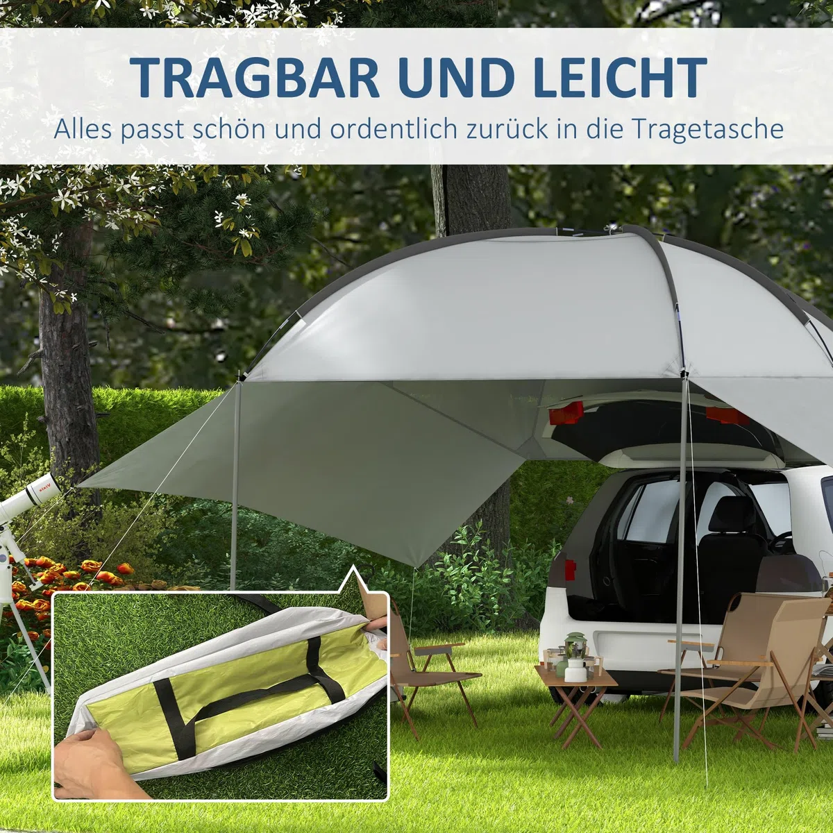 Outsunny Tendalina ad Arco Portatile con Pareti Laterali e Paletti Regolabili, Tenda per Auto in Poliestere, Acciaio e Fibra di Vetro, 300x262x230-260 cm, Grigio Chiaro