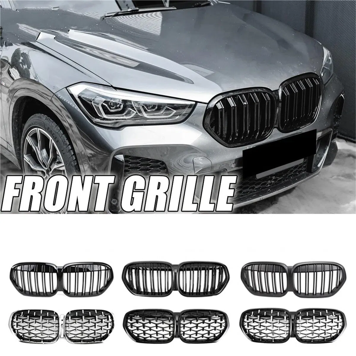 Griglia doppio ponte Per BMW X1 F48 LCI 2020 2021 2022 Griglie Superiori Stile All Black Diamonds Anteriori Da Corsa Doppia Linea Effetto Fibra Di Carbonio(Single-Glossy Black)