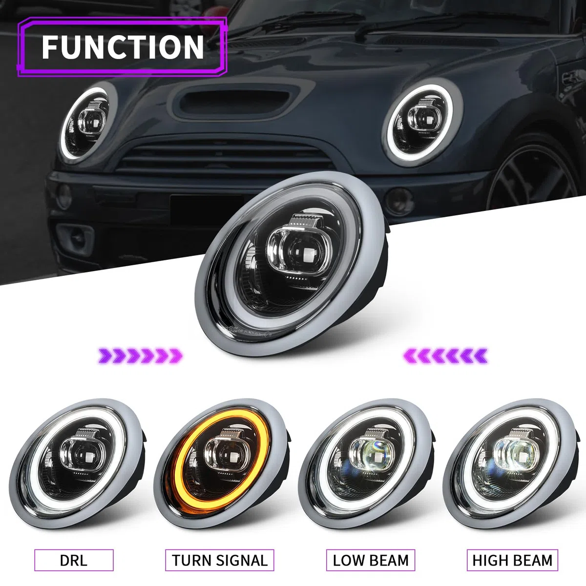 Archaic LED Fari Anteriori compatibili con Mini Cooper R50 R52 R53 2001-2007,luci anteriori con indicatori di direzione sequenziali, animazione DRL, coppia