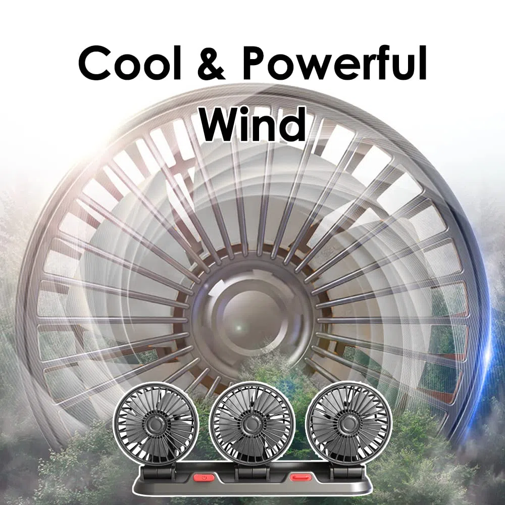 Riloer Ventilatore dell'aria di raffreddamento portatile per auto, Circolatore d'aria di raffreddamento elettrico a tre teste per camion, furgone, SUV, camper, barca, rotante a 360°