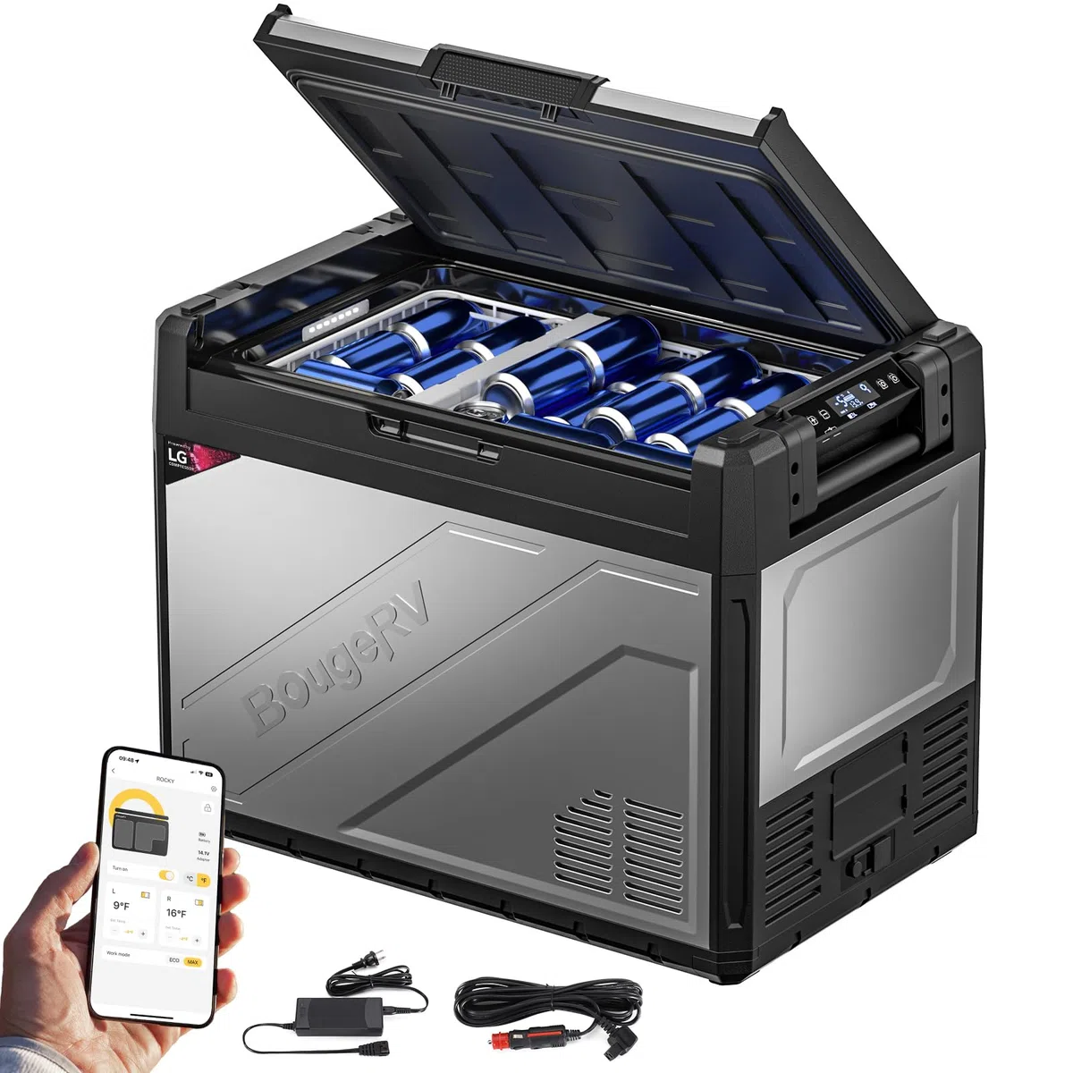 BougeRV Rocky2 65L Frigorifero per Auto con Compressore Potente da 5,7 cc Frigo Auto 12V 220V Divisore Rimovibile App Frigorifero Portatile Doppia Zona per Campeggio Viaggio Barca Camion -20℃~20℃