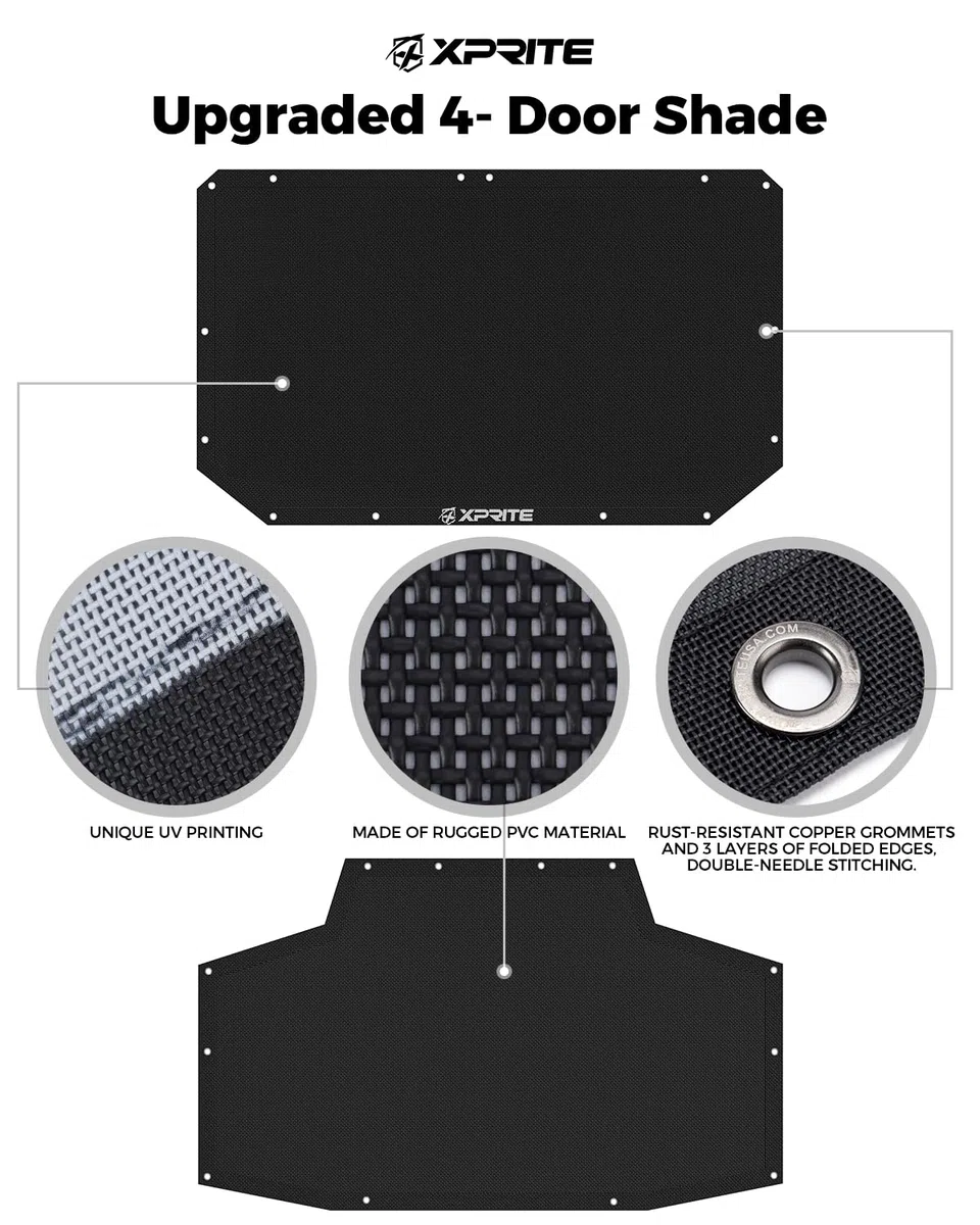Xprite Sunshade Compatible with Jeep Wrangler JK JKU (2007-2018) – Front & Rear Mesh Top, Blocks UV, Wind, Noise – Bikini Cover for Sport, Sahara, Rubicon – Perfect Jeep Gift for Off-Road Adventures