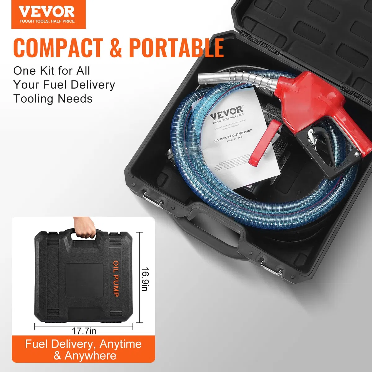VEVOR Pompa di Trasferimento Carburante 12V 10 GPM 1/4 HP, Pompa di Trasferimento Diesel Elettrica Portatile con Ugello Carburante Flusso Elevato, Tubo Flessibile di Ingresso e Uscita