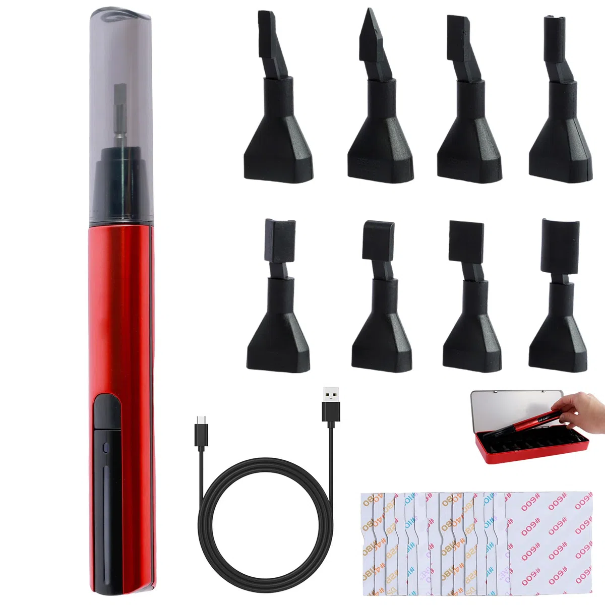Levigatrice a sciabola con 8 testine abrasive, 12 tipi di carta vetrata, mini penna abrasiva elettrica, protezione sovraccarico, 3 marce, ricarica USB rapida