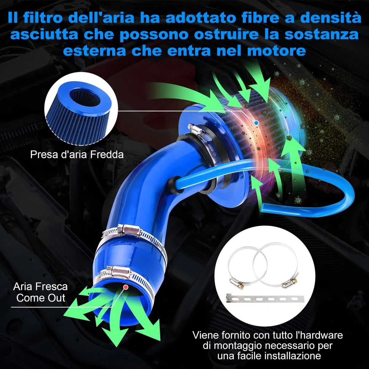 CarBole Kit Filtro aria sportivo universale Raffreddamento, Sistema ingresso aria per auto universale in fibra di carbonio con tubo blu