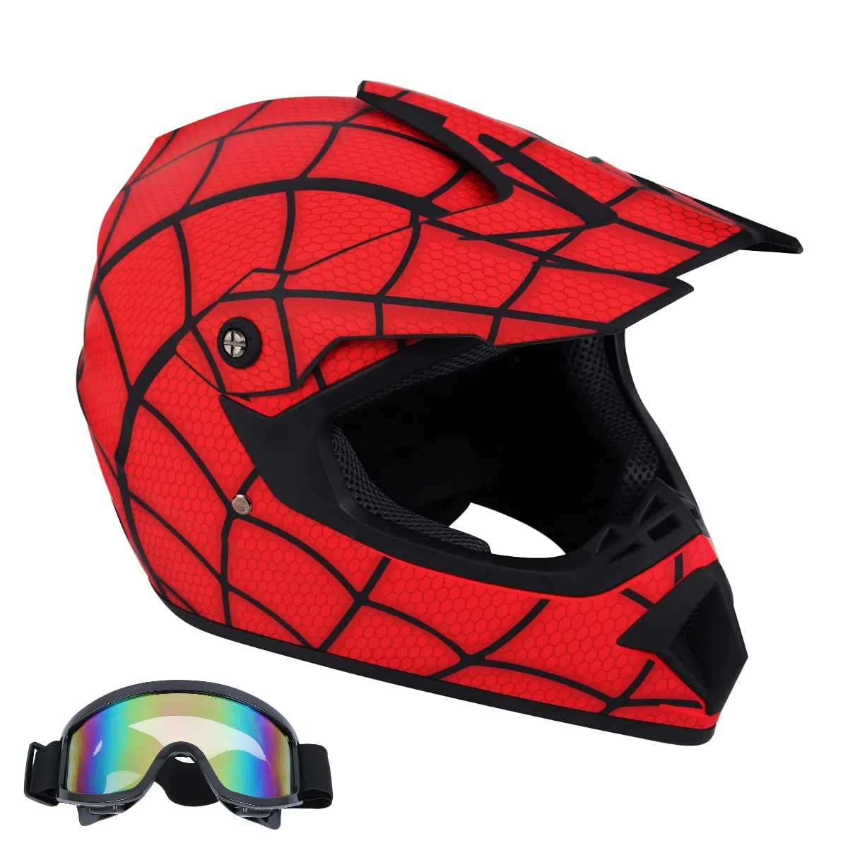 Casco da Moto Fullface Stile Spiderman Fuori strada Casco da Dirt Bike con occhiali per Unisex Giovani