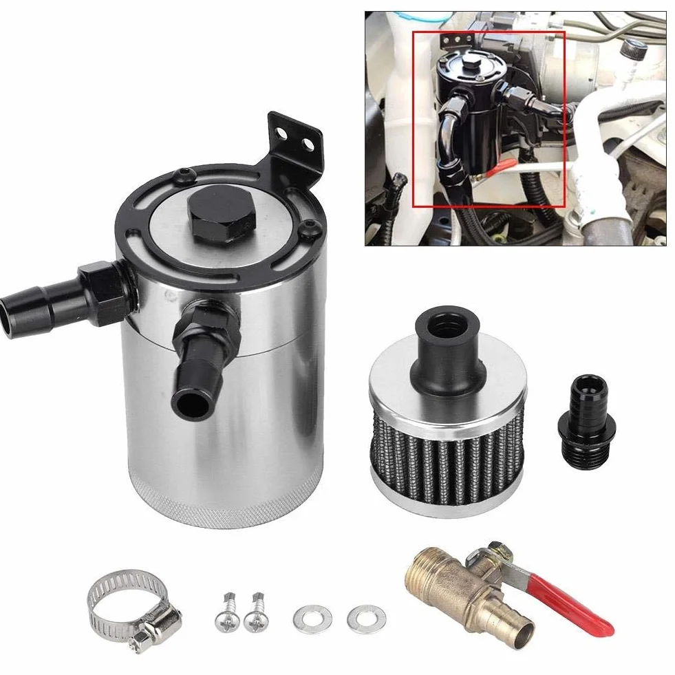 VOBOR Serbatoio Olio, Vaschetta Olio Motore Serbatoio Benzina Moto, Universale in Lega di Alluminio Serbatoio di Cattura Con Kit di Accessori A 2 Porte(Argento)