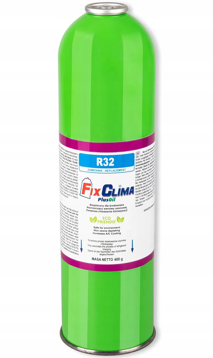 FixClima R32 - Refrigerante PlusOil – Ricarica per condizionatori domestici – Gas di ricambio per split e Mobile AC – Facile da usare, migliore capacità di raffreddamento, rispettoso del clima – 400 g